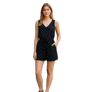 Loft Size 6 Linen Romper Black White Clip Dot Double V-Neck Tie Waist Pockets